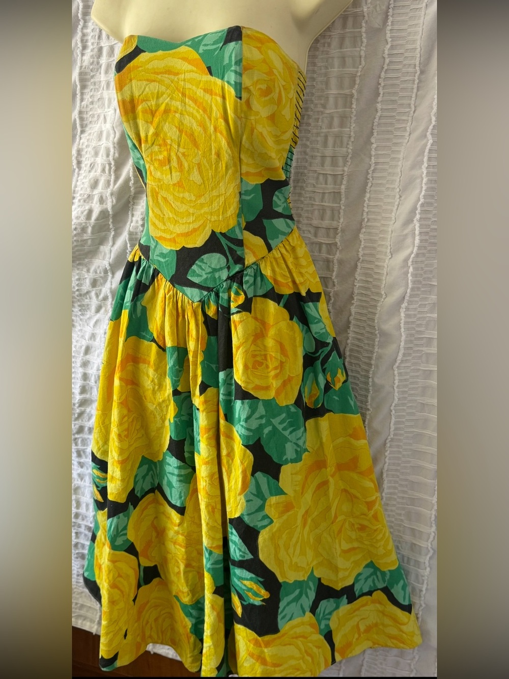 Vintage 80’s Katie Yellow Rose Midi Fit & Flare Dress M